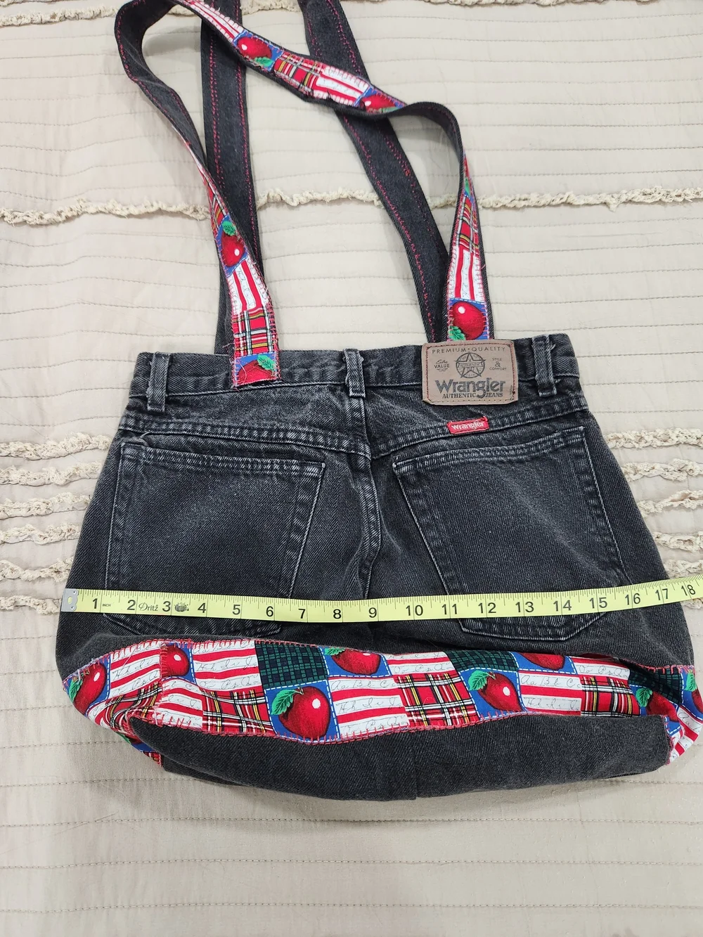 Black Denim Tote Bag with Red Apple Patch Details One Of A Kind